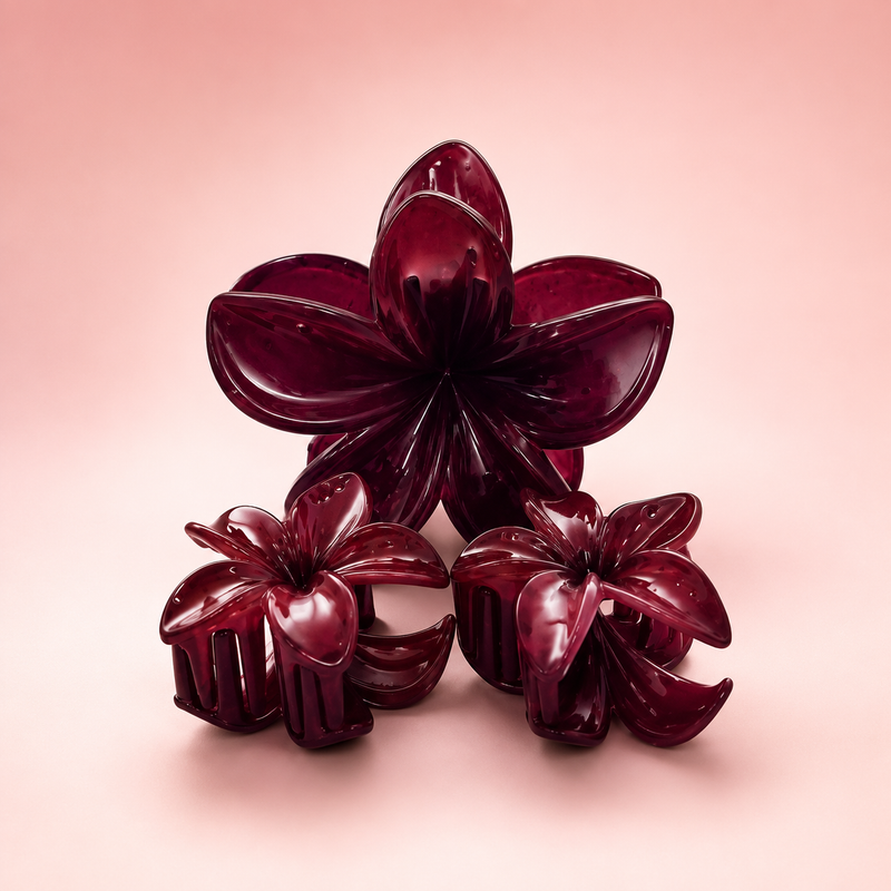 Burgundy Blossom Flower Hair Claw Clip Set (3 Pieces)