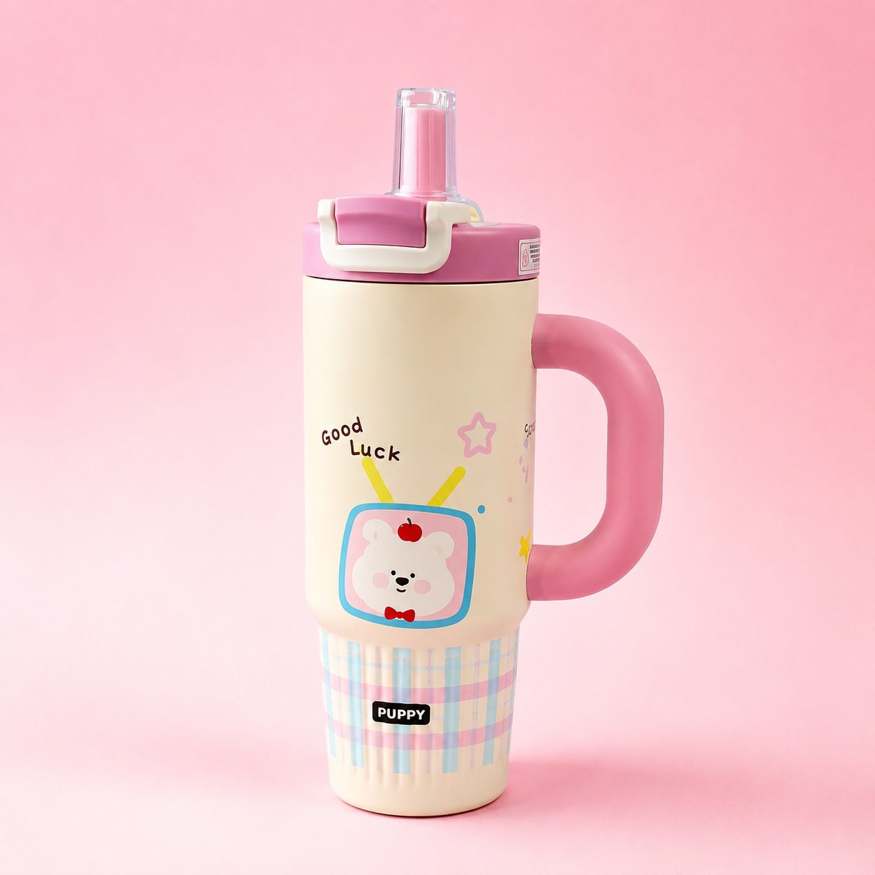 Cute Kawaii Puppy Insulated Tumbler with Handle & Straw – Pink & Cream