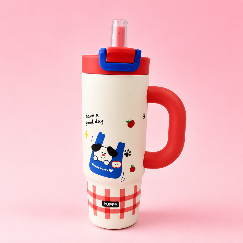 Cute Kawaii Puppy Insulated Tumbler with Handle & Straw – Pink & Cream