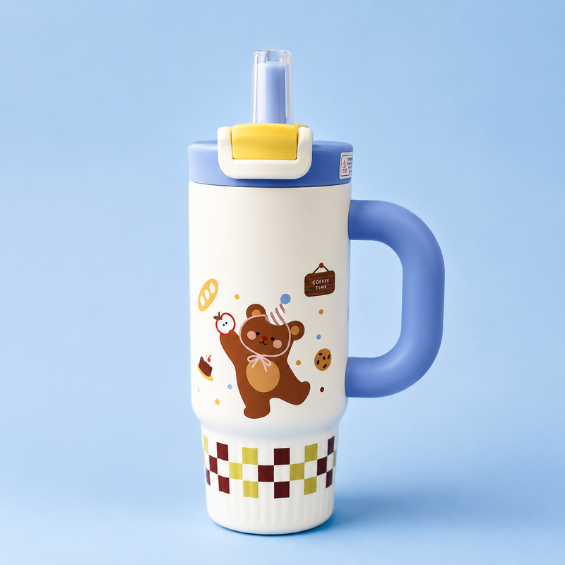 Cute Kawaii Puppy Insulated Tumbler with Handle & Straw – Pink & Cream