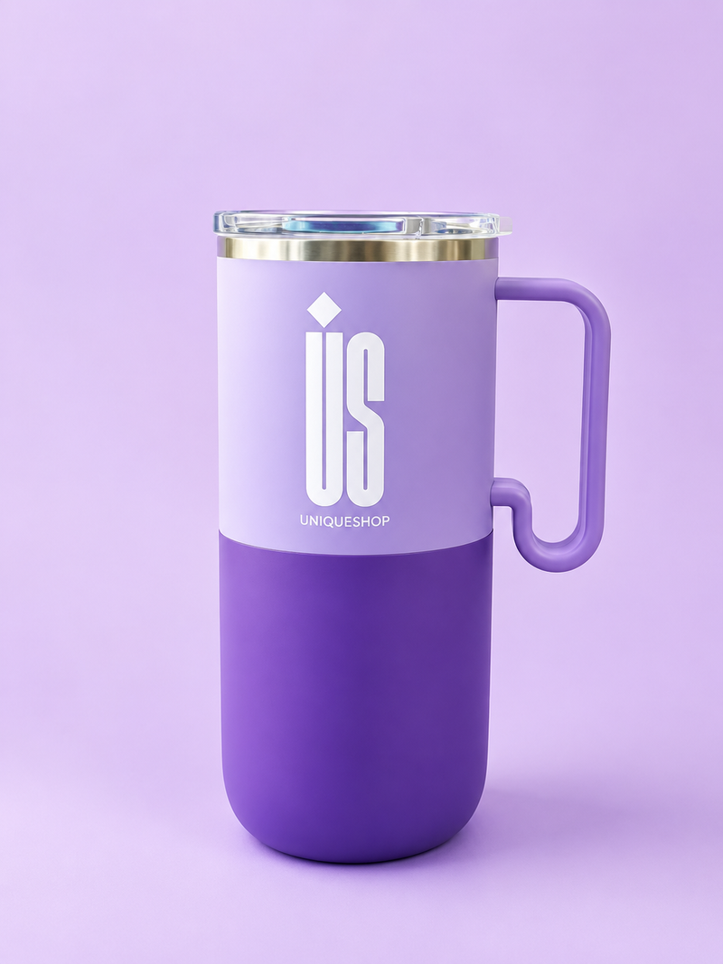 Premium Purple Insulated Travel Tumbler with Handle & Transparent Lid