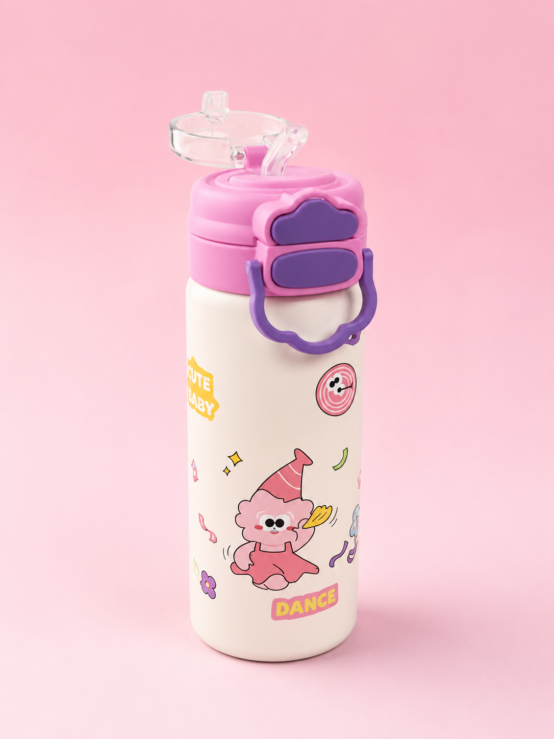 Cute Dance Cartoon Insulated Water Bottle with Straw & Handle – Pink & Purple