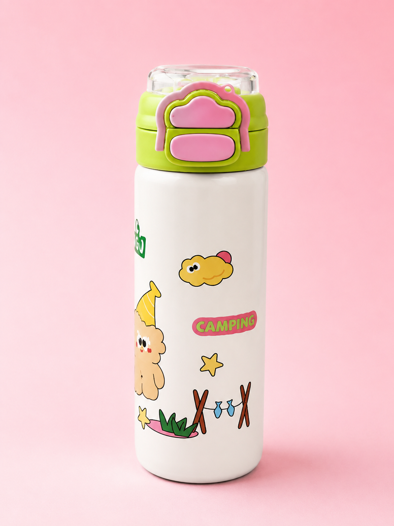 Cute Dance Cartoon Insulated Water Bottle with Straw & Handle – Pink & Purple