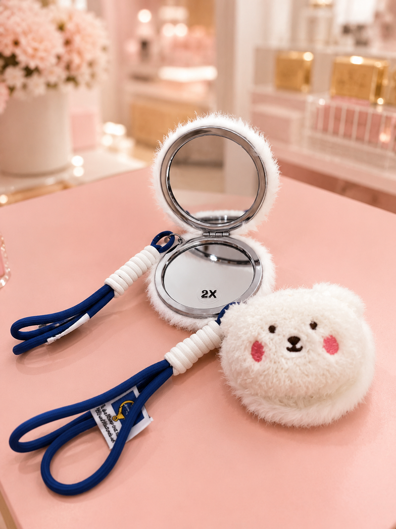 Cute Bear Plush Compact Mirror with Wrist Strap