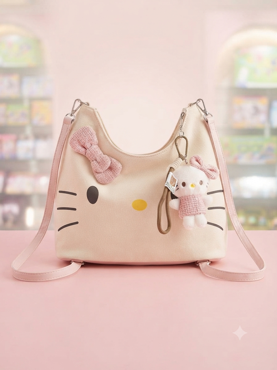Kawaii Hello Kitty Convertible Backpack & Handbag with Plush Charm