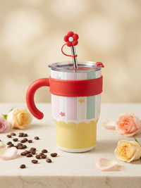 Pastel Striped Travel Tumbler with Flower Straw Topper & Handle (500ml)