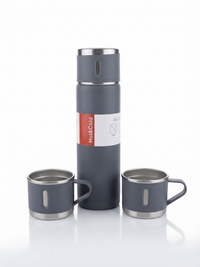 Premium Stainless Steel Insulated Thermos Flask with 2 Matching Cups Gift Set | Hot & Cold Vacuum Bottle