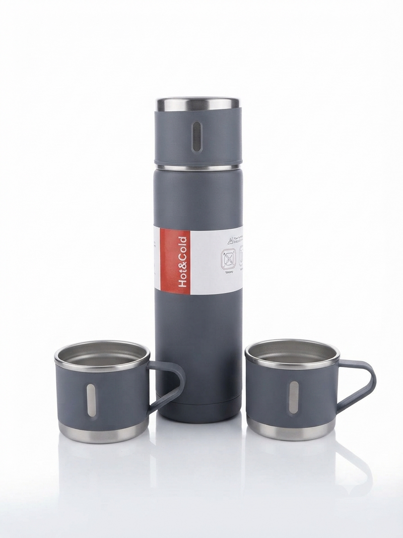 Premium Stainless Steel Insulated Thermos Flask with 2 Matching Cups Gift Set | Hot & Cold Vacuum Bottle