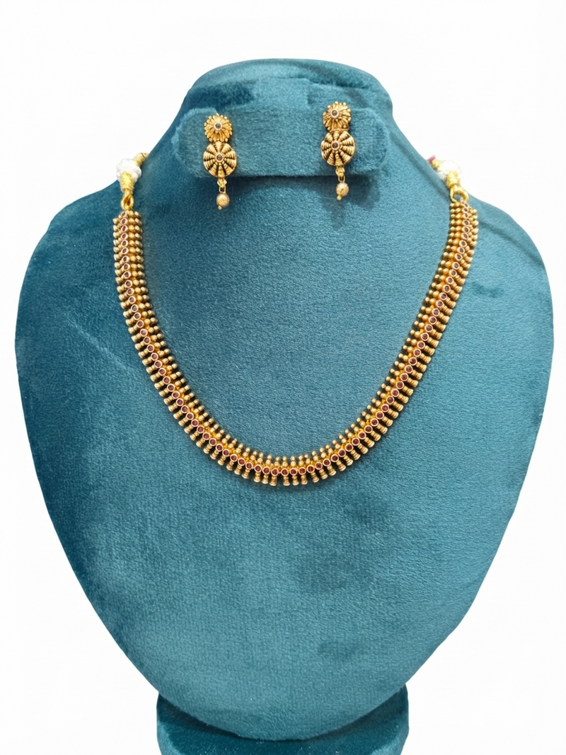Royal Antique Gold-Plated Ruby-Studded Traditional Short Necklace Set