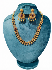 Antique Gold-Plated Floral Temple Necklace Set with Ruby Stones & Jhumki Earrings