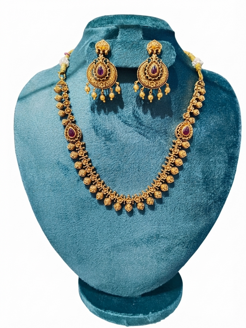 Antique Gold-Plated Floral Temple Necklace Set with Ruby Stones & Jhumki Earrings