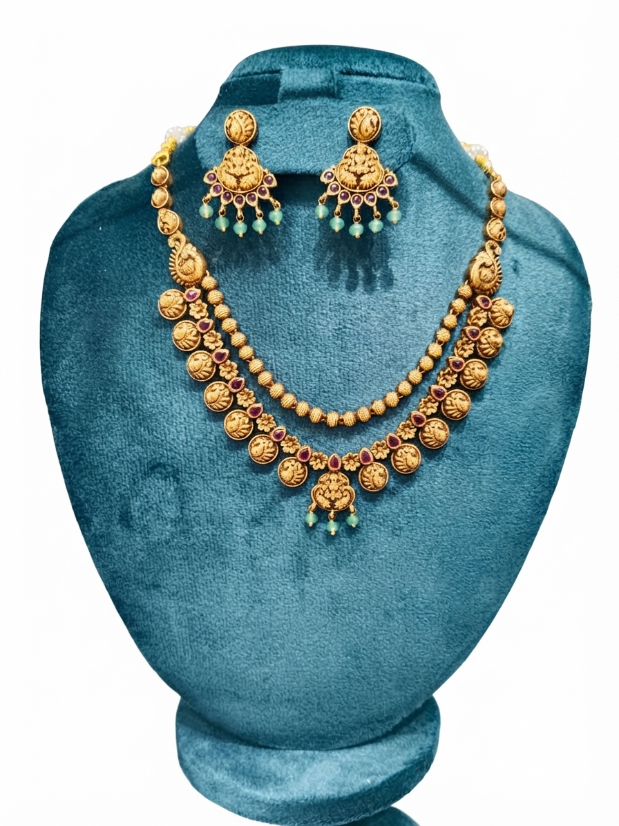 Royal Antique Gold-Plated Double-Layer Temple Necklace Set with Mint Green Drops