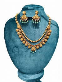 Royal Antique Gold-Plated Double-Layer Temple Necklace Set with Mint Green Drops