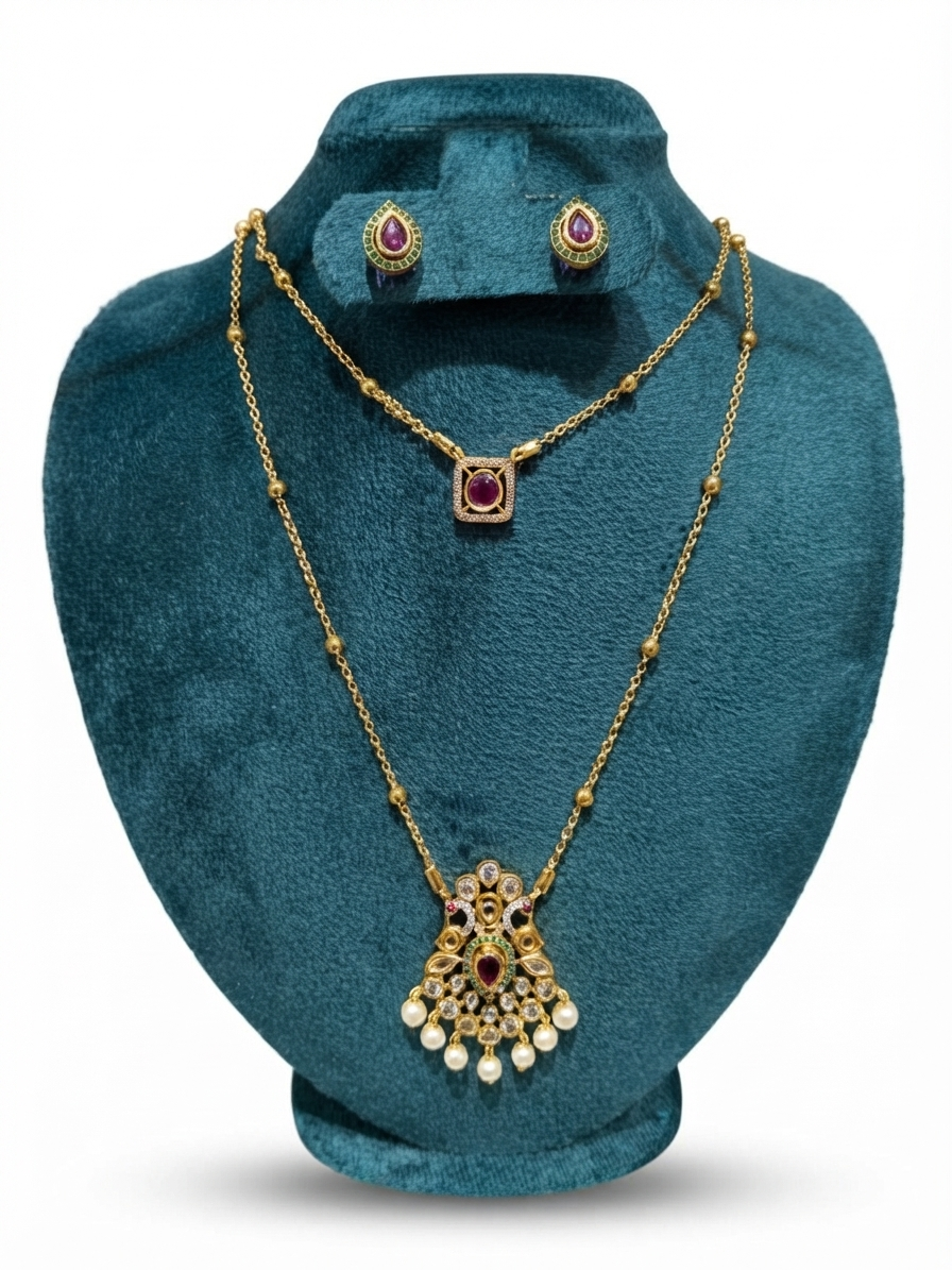 Traditional Double-Layer Kundan & Ruby Necklace Set