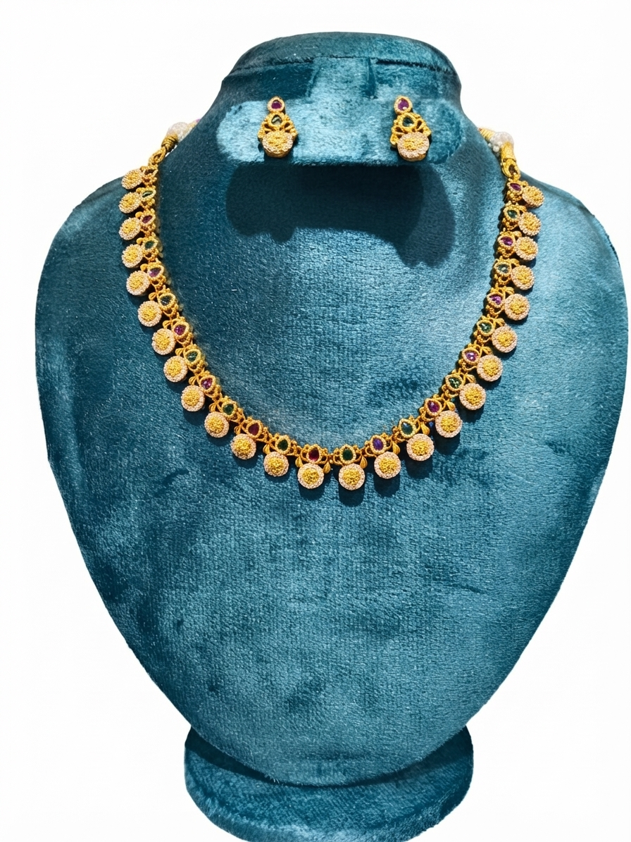 Royal Gold-Plated Temple Short Necklace Set with Gemstone Accents & Matching Earrings