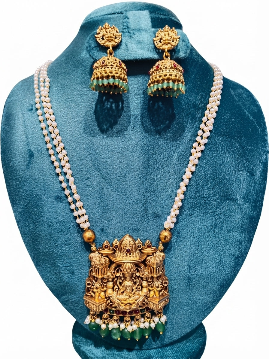 Traditional Pearl & Antique Gold Long Pendant Necklace Set