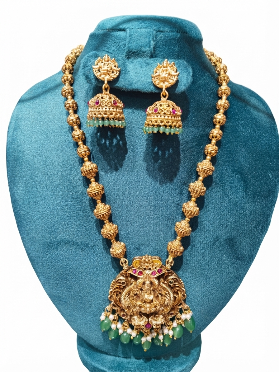 Royal Antique Gold-Plated Goddess Lakshmi Long Haram Set with Jhumka Earrings
