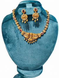 oyal Antique Gold-Plated Goddess Lakshmi Temple Necklace Set with Ruby Accents