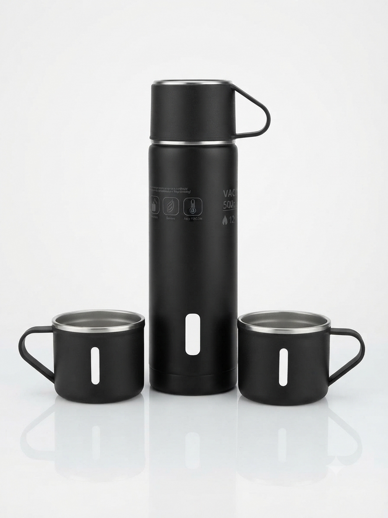 Premium Stainless Steel Insulated Thermos Flask with 2 Matching Cups Gift Set | Hot & Cold Vacuum Bottle