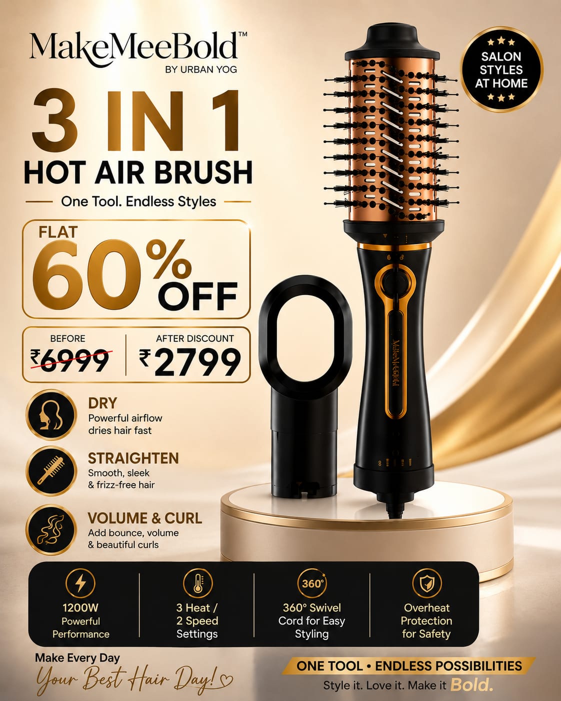 MakeMeeBold 3-in-1 Hot Air Brush Hair Styler