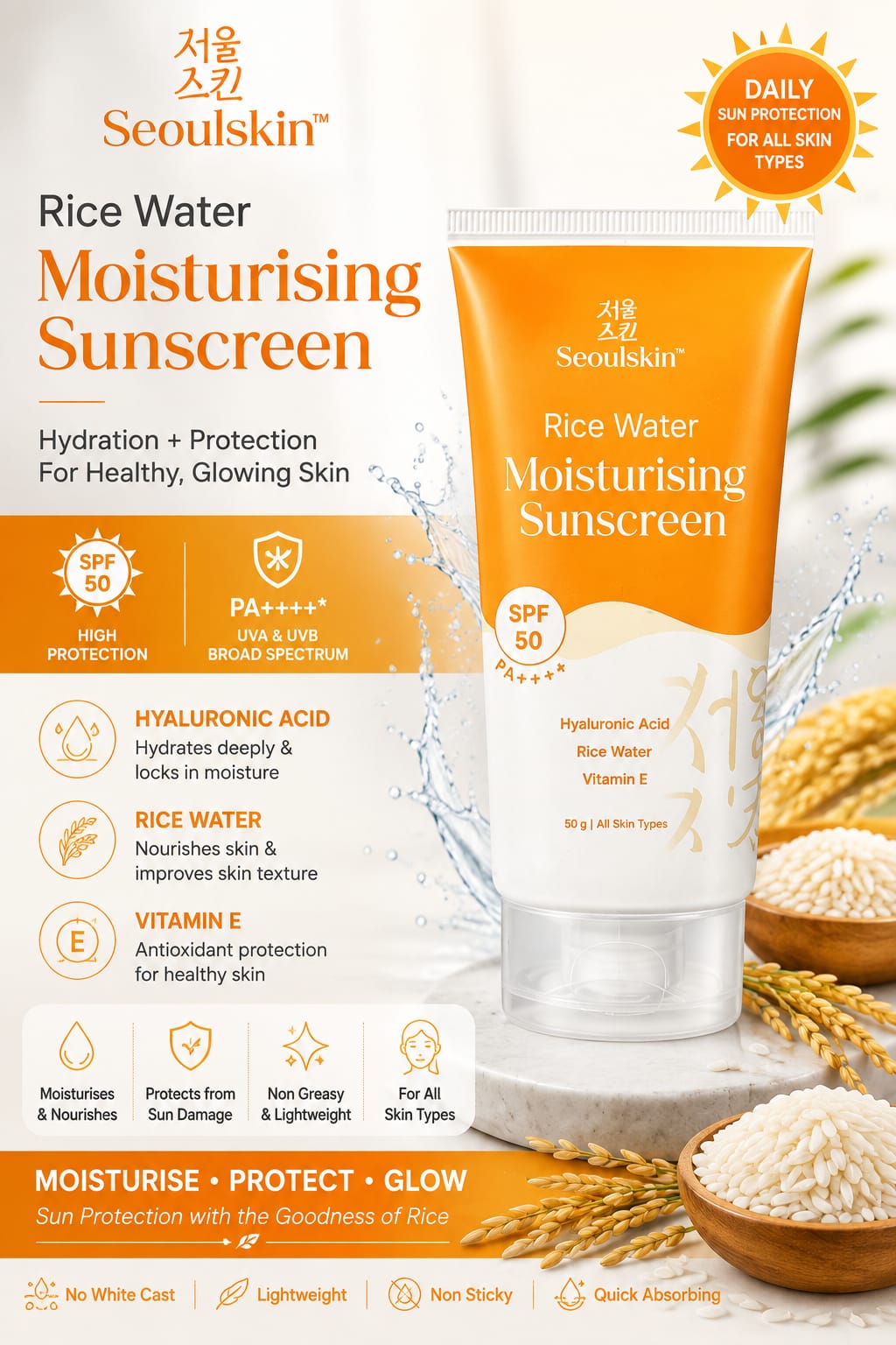 Seoulskin Rice Water Moisturising Sunscreen – Hydration + Protection for Healthy Glowing Skin
