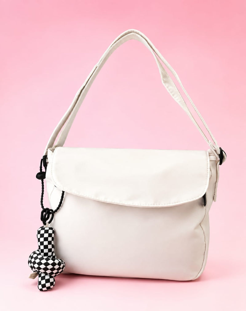 Casual Shoulder Crossbody Bag with Checkered Plush Keychain