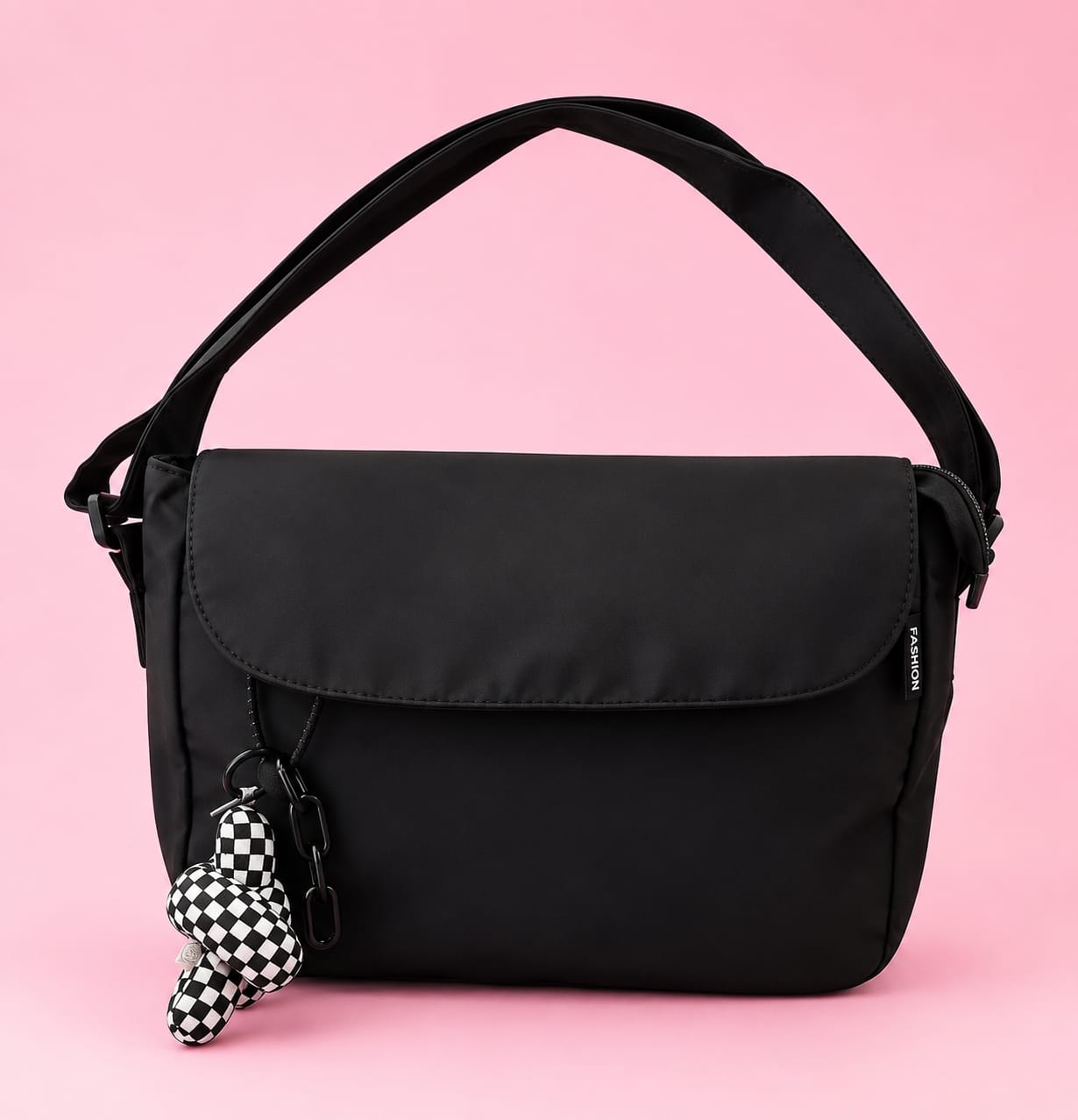 Casual Shoulder Crossbody Bag with Checkered Plush Keychain