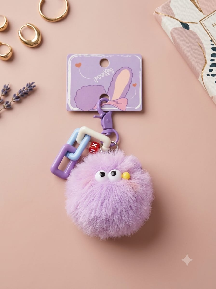 Cute Faux Fur Fluffball Monster Keychain: