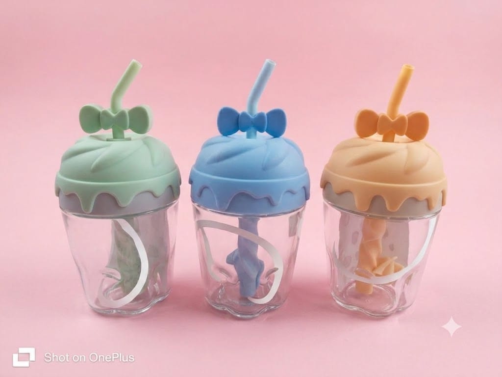 Cute Bow Pastel Glass Cup with Straw