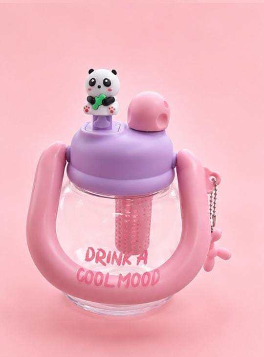 Cute Panda Cartoon Water Bottle with Handle, Strainer & Straw – 350ml / Aesthetic Drinkware