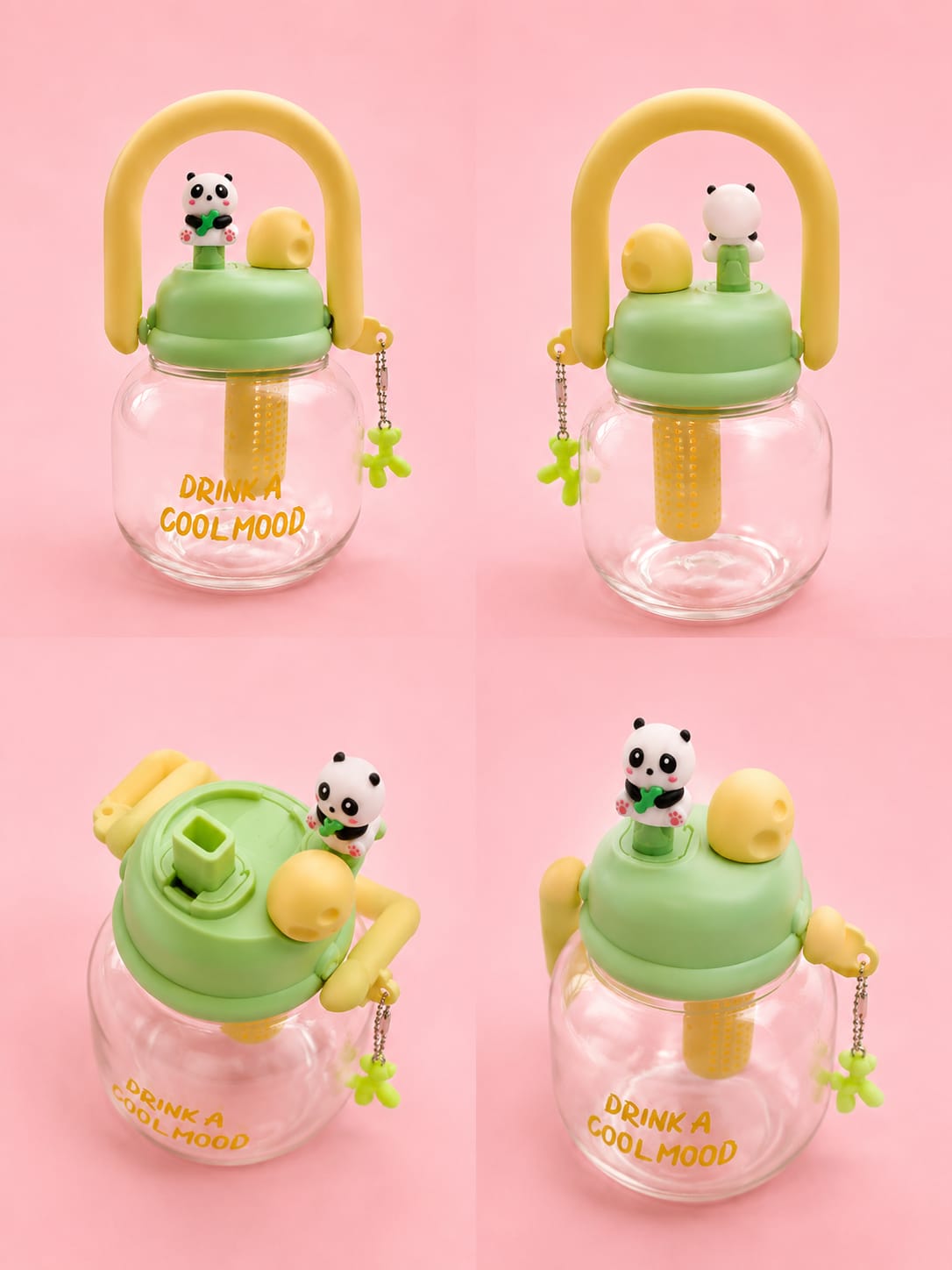 Cute Panda Cartoon Water Bottle with Handle, Strainer & Straw – 350ml / Aesthetic Drinkware