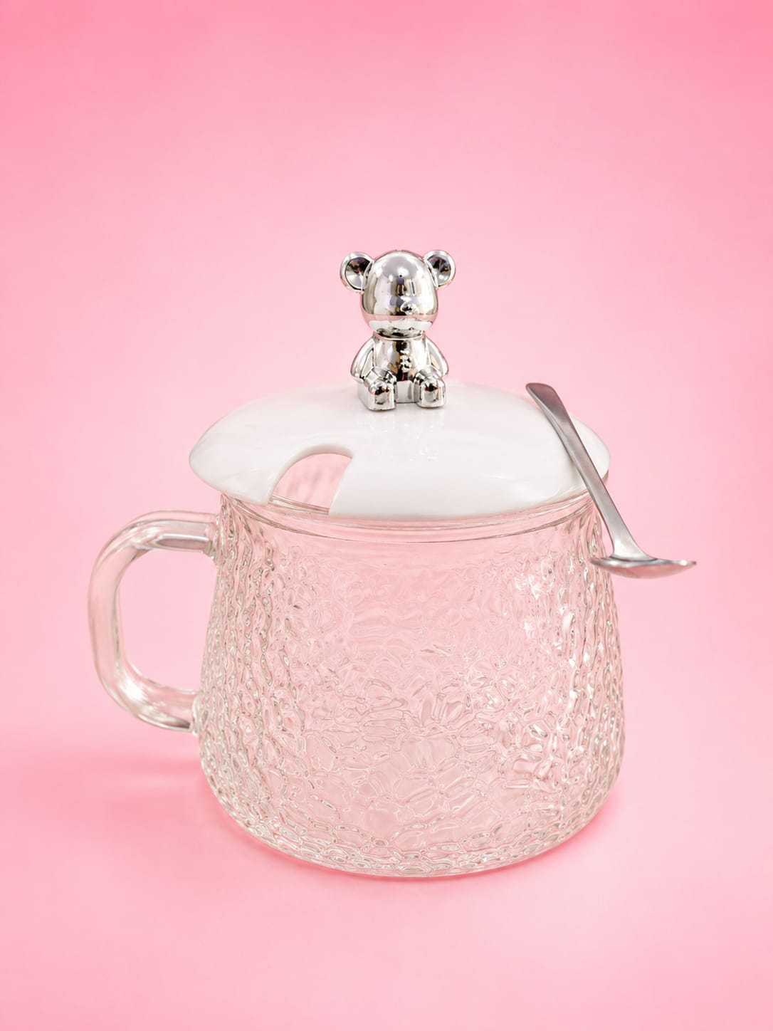 Cute Bear Glass Mug with Lid & Spoon | Textured Tea & Coffee Cup