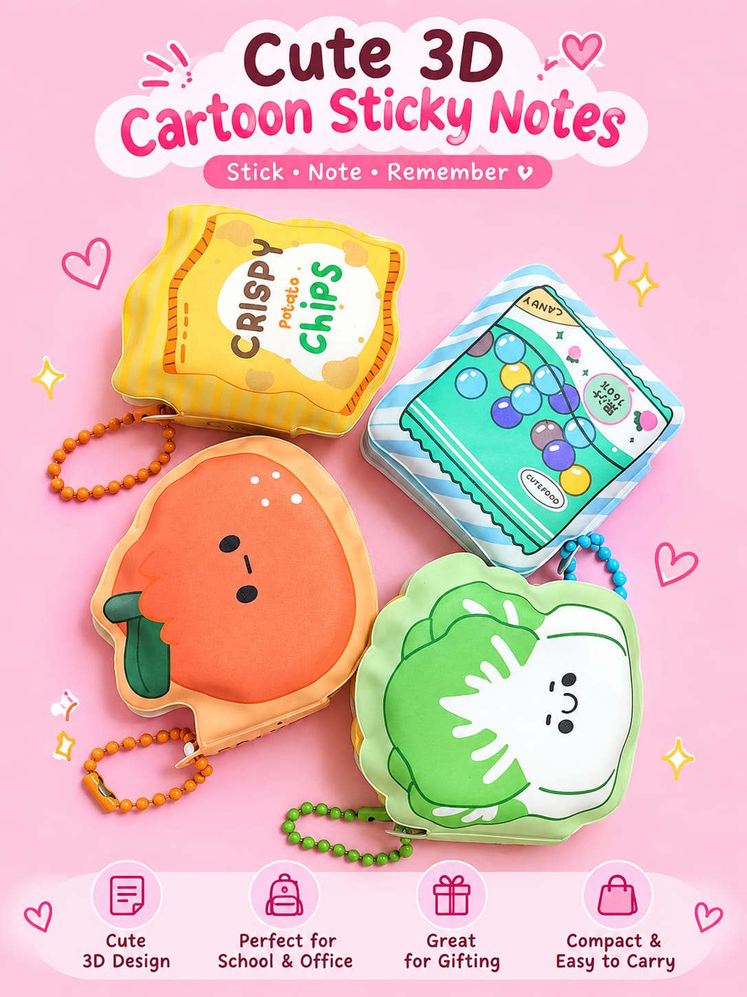 Cute 3D Cartoon Sticky Notes – Kawaii Memo Notes with Bead Chain