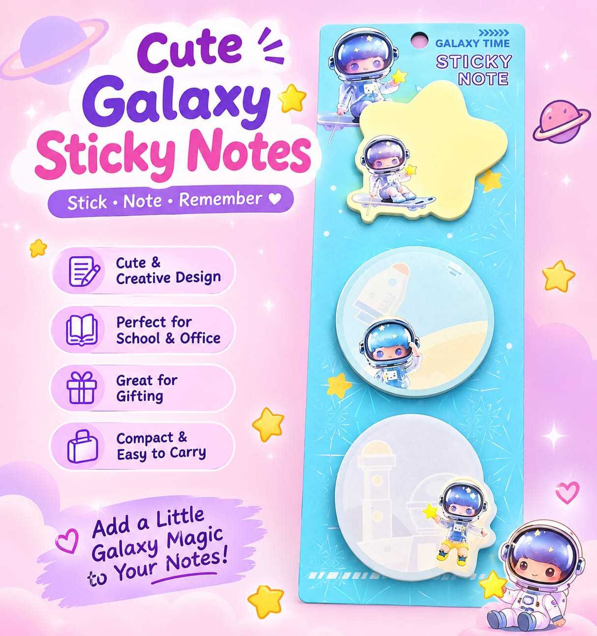 Cute Galaxy Astronaut Sticky Notes – Kawaii Space Memo Notes