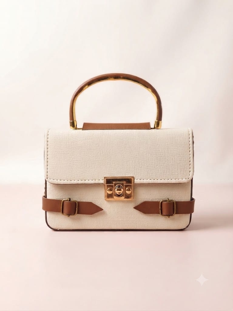 Elegance Luxe Top-Handle Crossbody Bag - Ivory & Tan