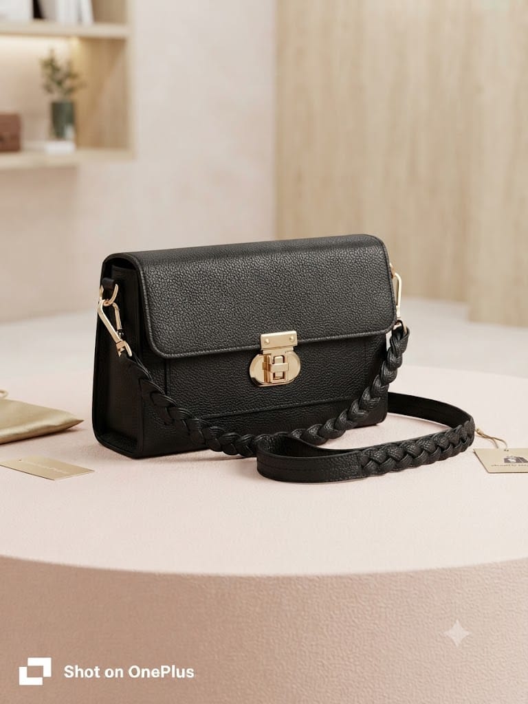 Elegance Luxe Braided Strap Crossbody Bag - Classic Black