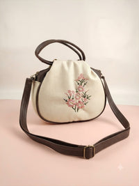 Elegance Luxe Embroidered Floral Dome Bag - Ivory & Brown