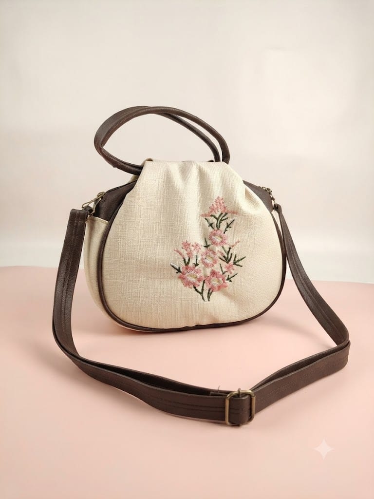 Elegance Luxe Embroidered Floral Dome Bag - Ivory & Brown
