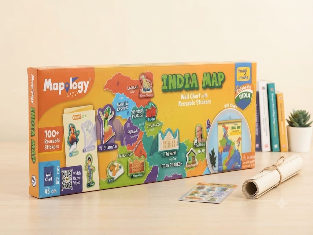 Mapology India Map Wall Chart with 100+ Reusable Stickers – Educational Game & Decor