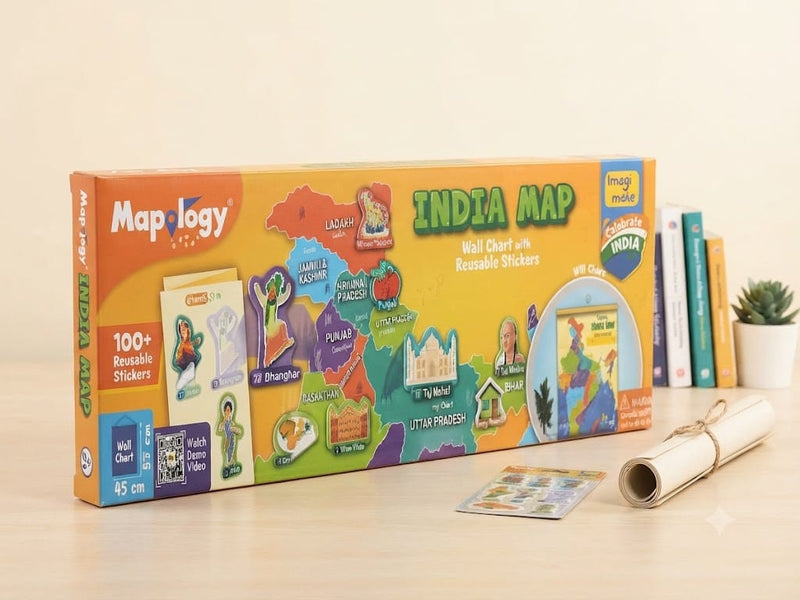 Mapology India Map Wall Chart with 100+ Reusable Stickers – Educational Game & Decor