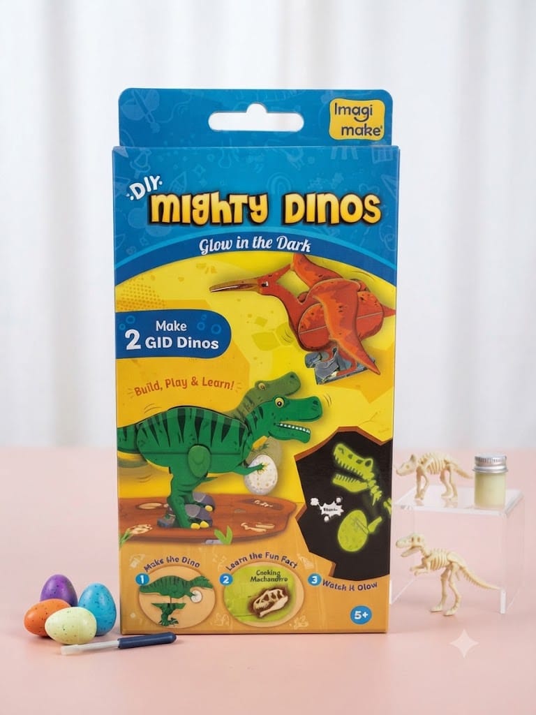 Imagimake DIY Mighty Dinos – Glow in the Dark Dinosaur Craft & Build Kit for Kids (Ages 5+)