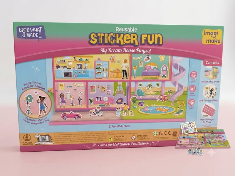 Imagimake Reusable Sticker Fun – My Dream House Playset | 2-Foot Interactive Dollhouse Scene with 200+ Reusable Stickers (Ages 3+)