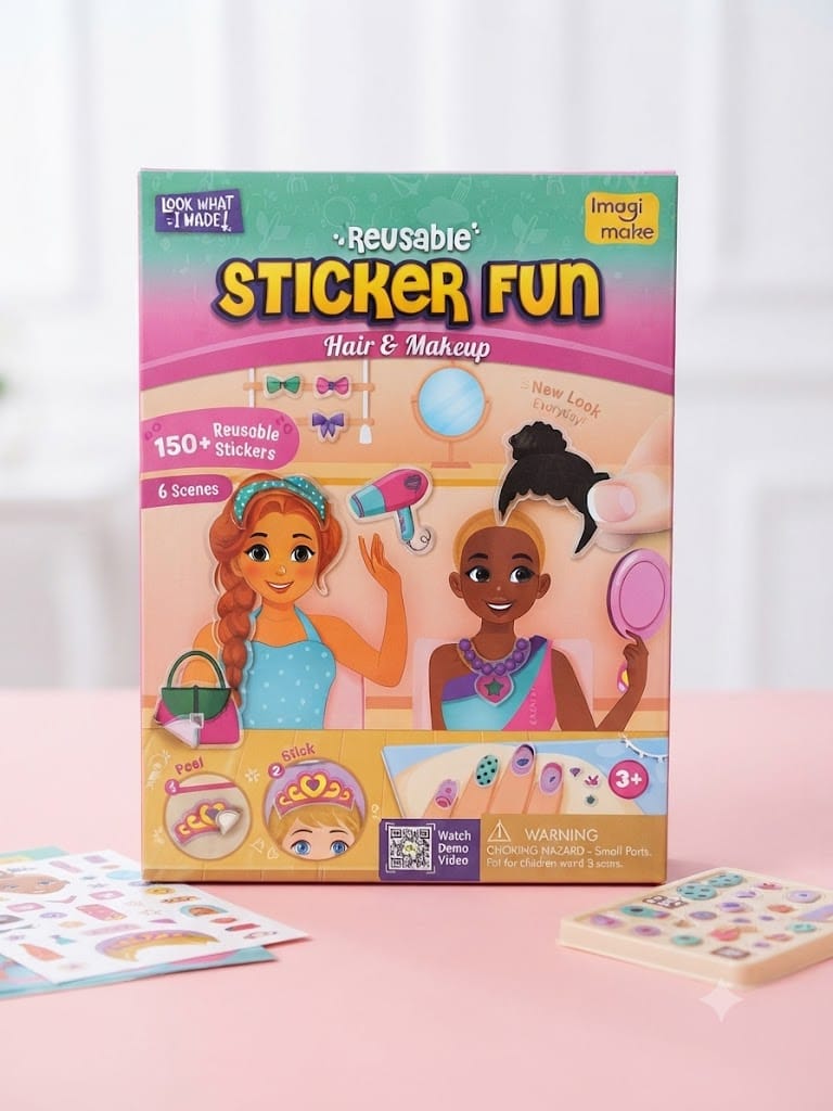 Imagimake Reusable Sticker Fun – Hair & Makeup Theme | Interactive Styling Playbook with 150+ Reusable Stickers (Ages 3+)