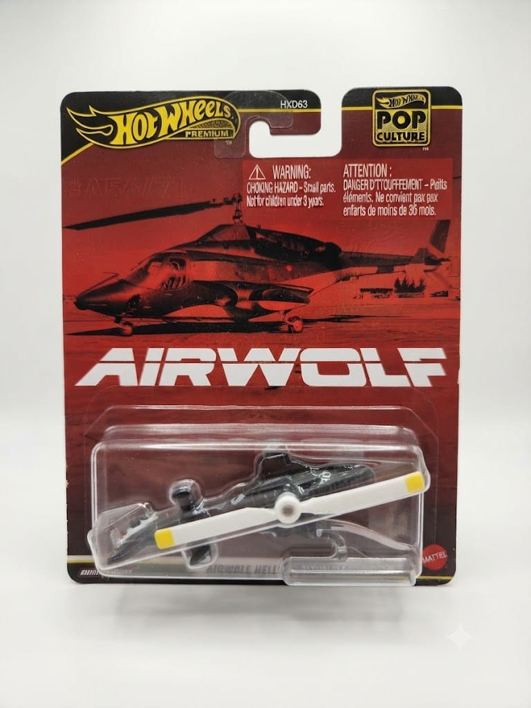 Hot Wheels Premium Pop Culture – Airwolf Helicopter | 1:64 Scale Die-Cast Collectible Aircraft with Real Riders