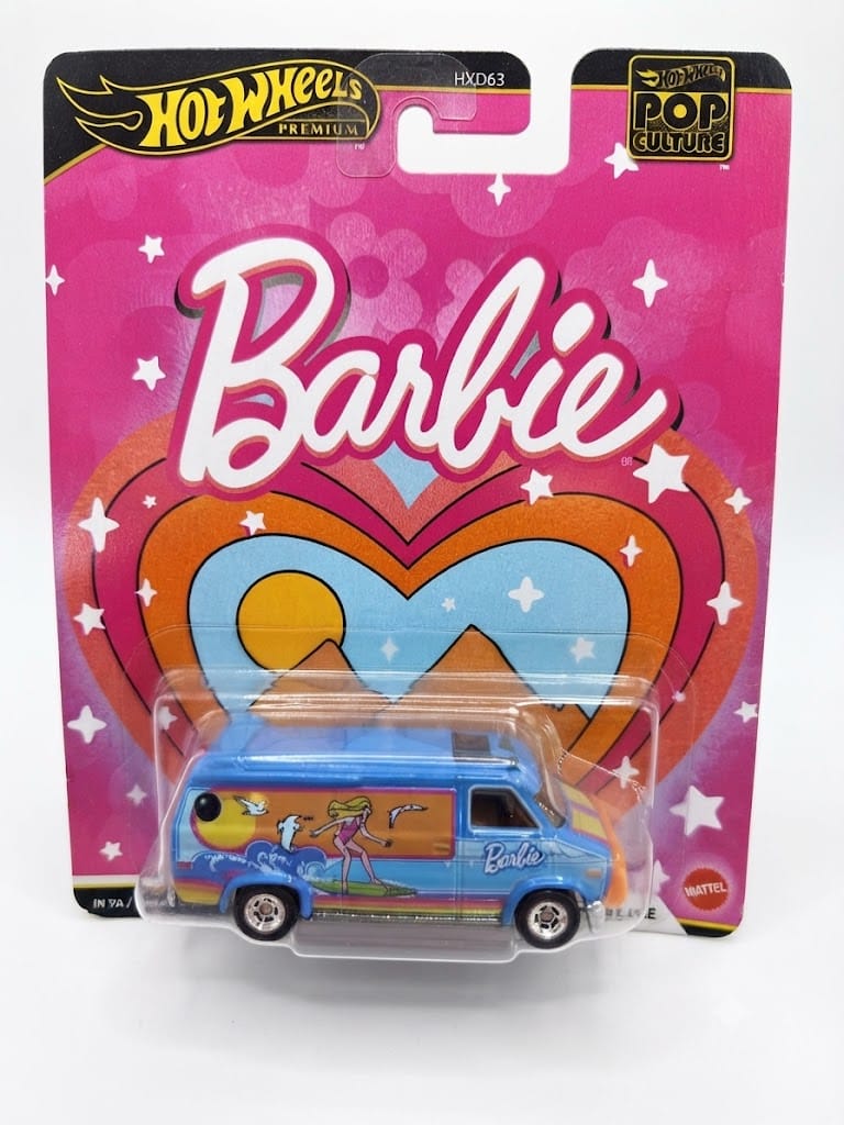 Hot Wheels Premium Pop Culture Barbie – Custom Ford Econoline Van | 1:64 Scale Die-Cast Collectible with Real Riders (HXD63)