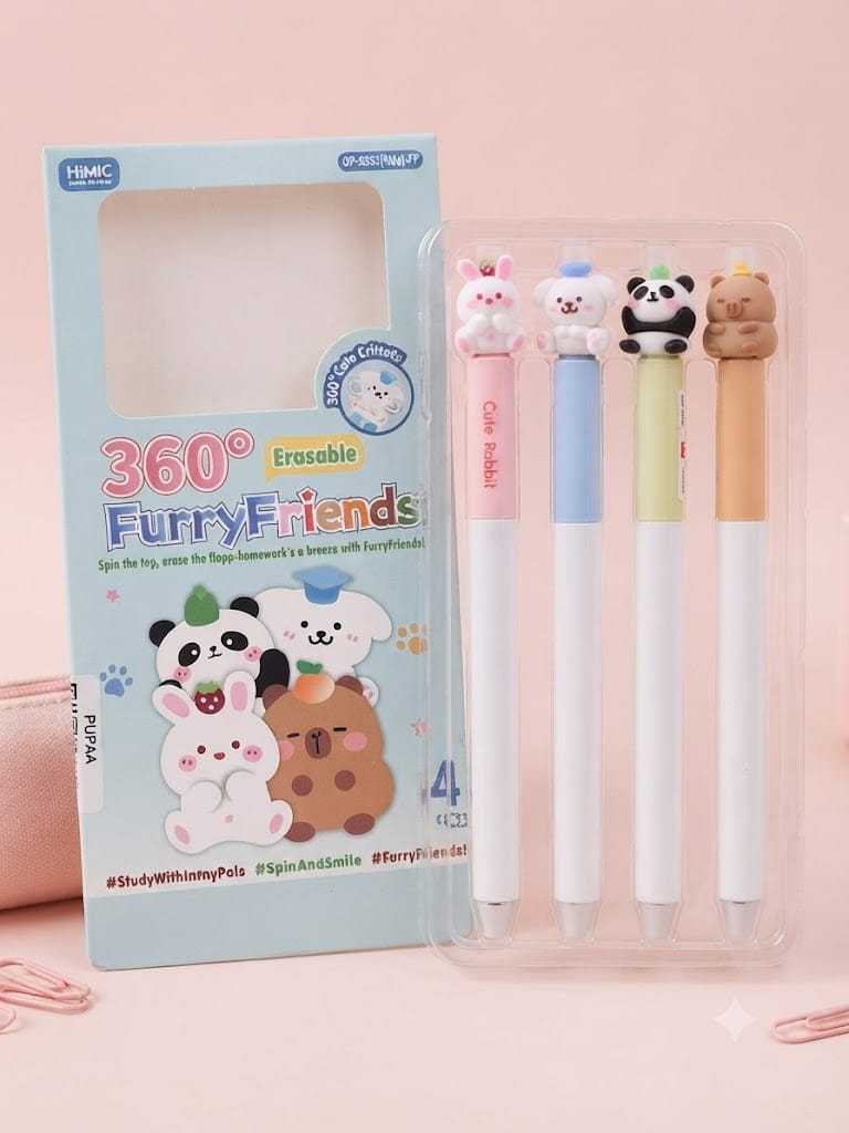 360° Furry Friends Erasable Pens – Set of 4 | Cute Animal Gel Pens with Spinning Toppers