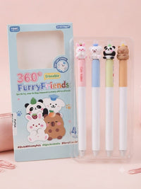 360° Furry Friends Erasable Pens – Set of 4 | Cute Animal Gel Pens with Spinning Toppers