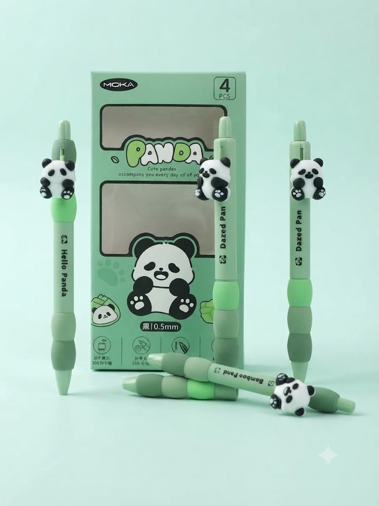 MOKA Panda 0.5mm Gel Pen – Set of 4 | Cute Green Panda Theme Stationery