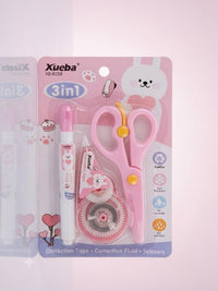 Xueba 3-in-1 Cute Bunny Stationery Tool Set | Correction Tape, Correction Fluid & Scissors