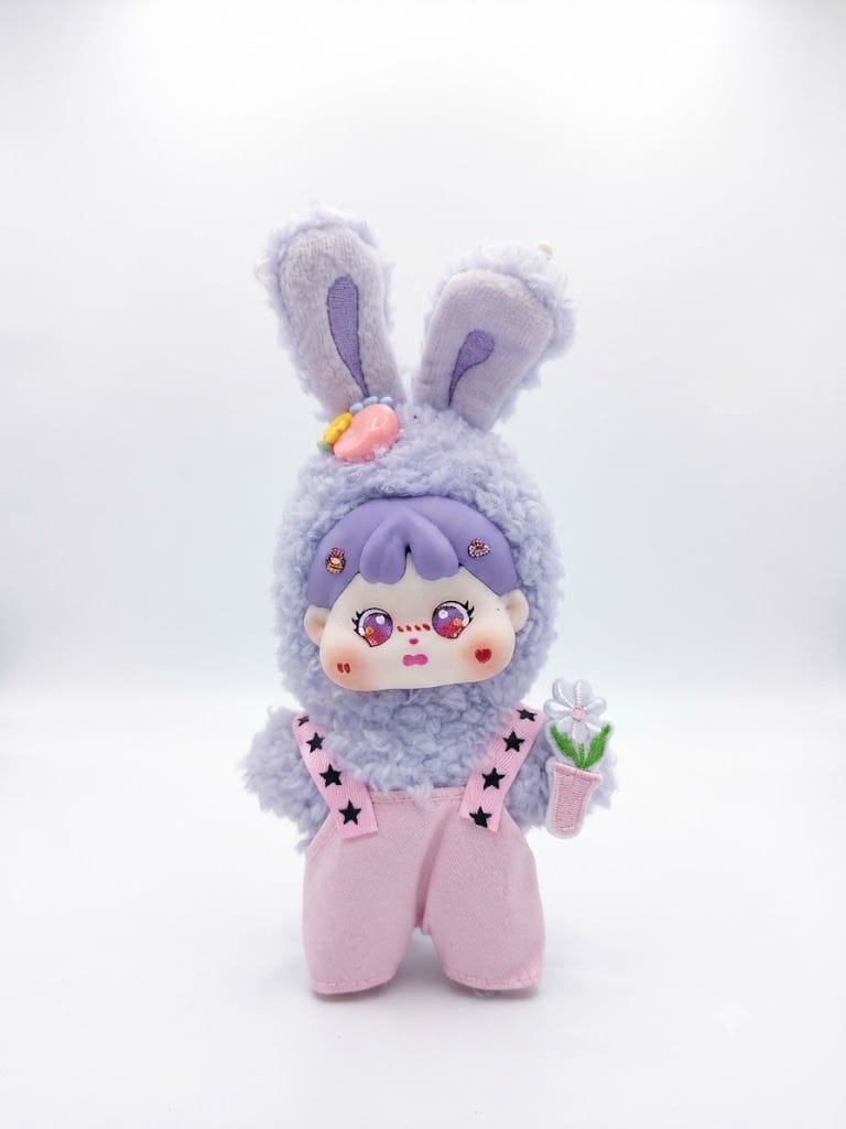 Lavender Bunny Designer Art Toy Plush Doll with Overalls & Flower